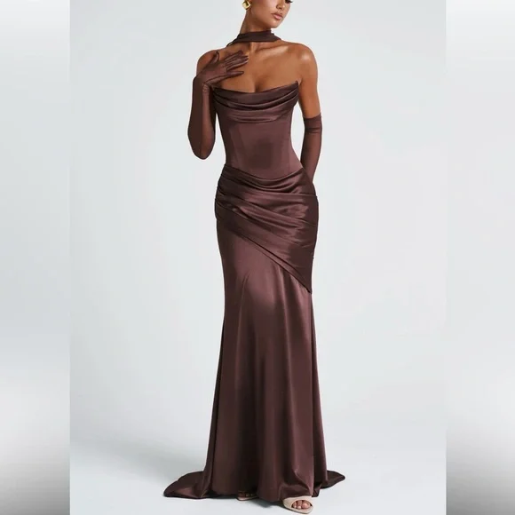 Brown Satin Halter-Back Maxi Dress - Picture 2 of 7